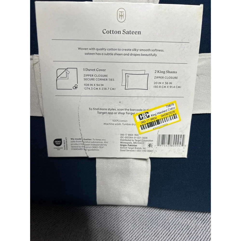 Threshold King Washed Cotton Duvet Cover Set 3pc Navy Blue Solid Soft Bedding
